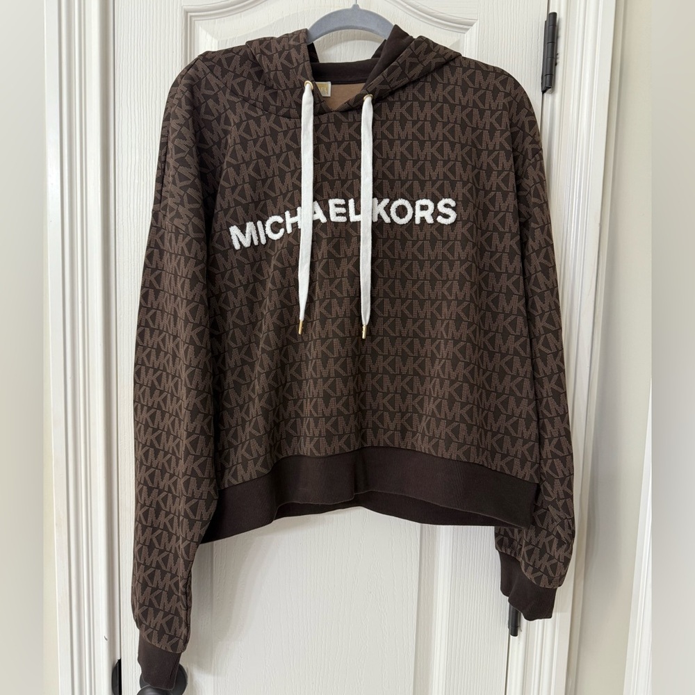 Michael Kors Brown Cropped Hoodie with White Logo - XL